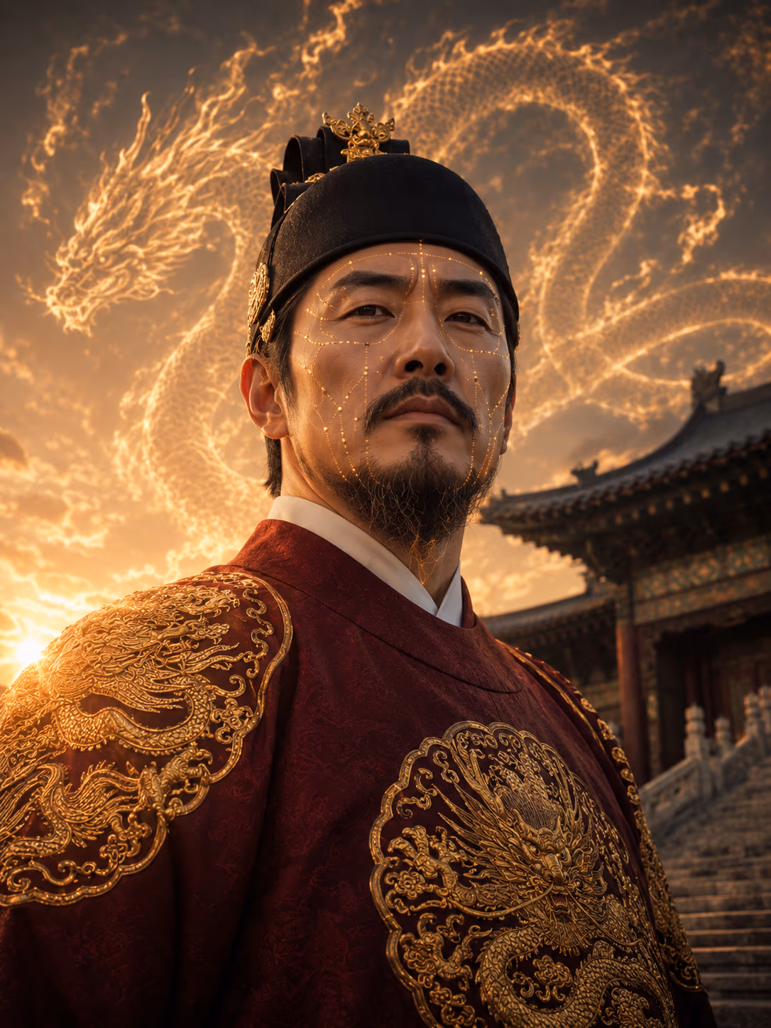 황금 용 구름을 배경으로 곤룡포 차림의 인물 — 얼굴에 그려진 관상 결 라인과 왕의 풍모